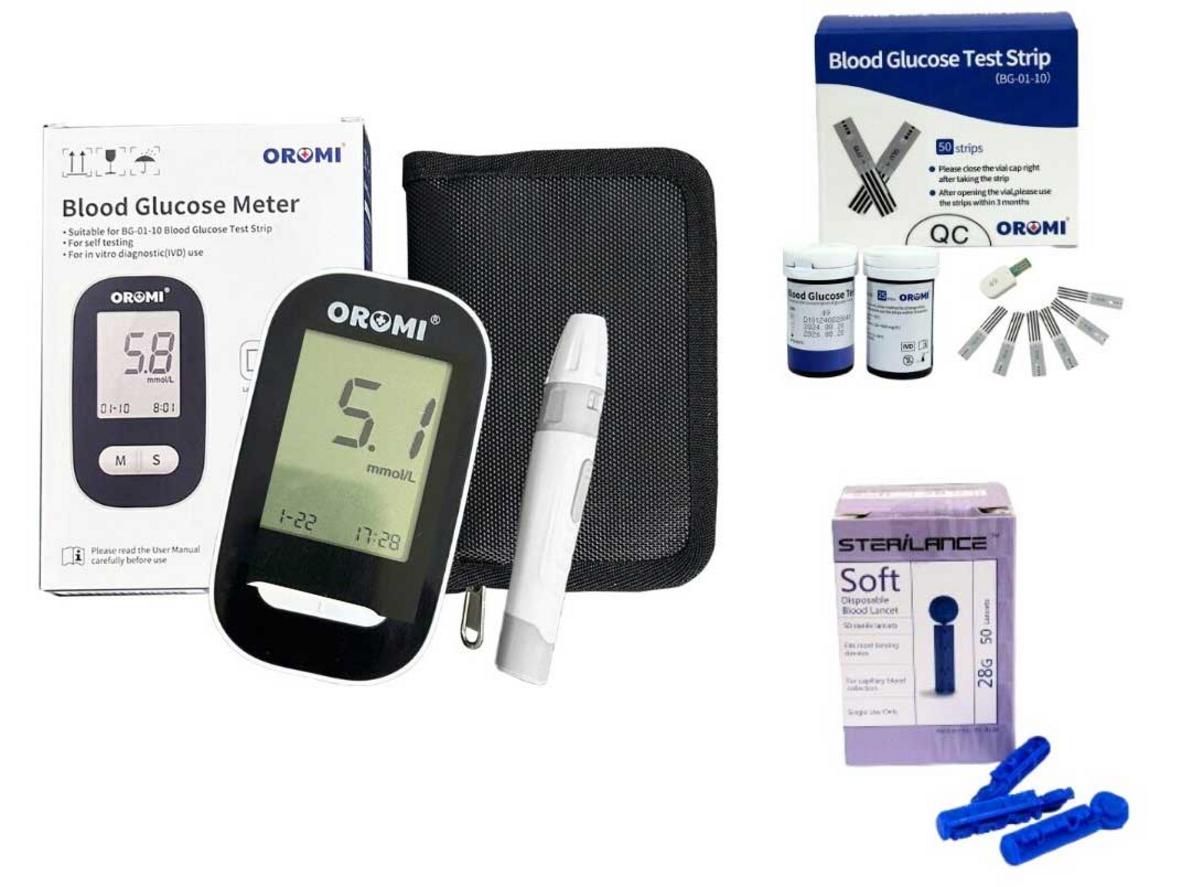 Trọn bộ máy đo đường huyết Oromi CMS10A (50 que, 50 kim)