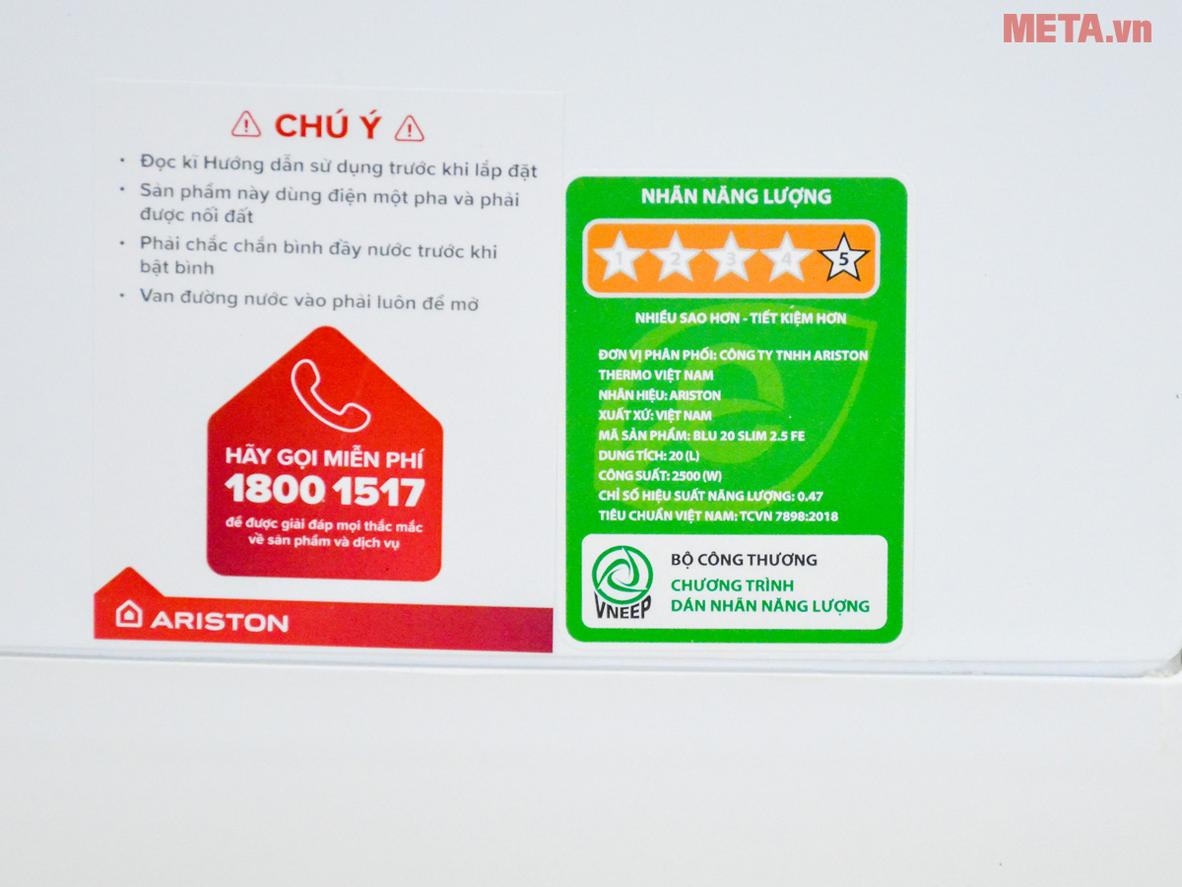 Tổng quan Bình nóng lạnh Ariston Blue 20 SLIM 2.5 FE (BLU 20 SL 2.5)