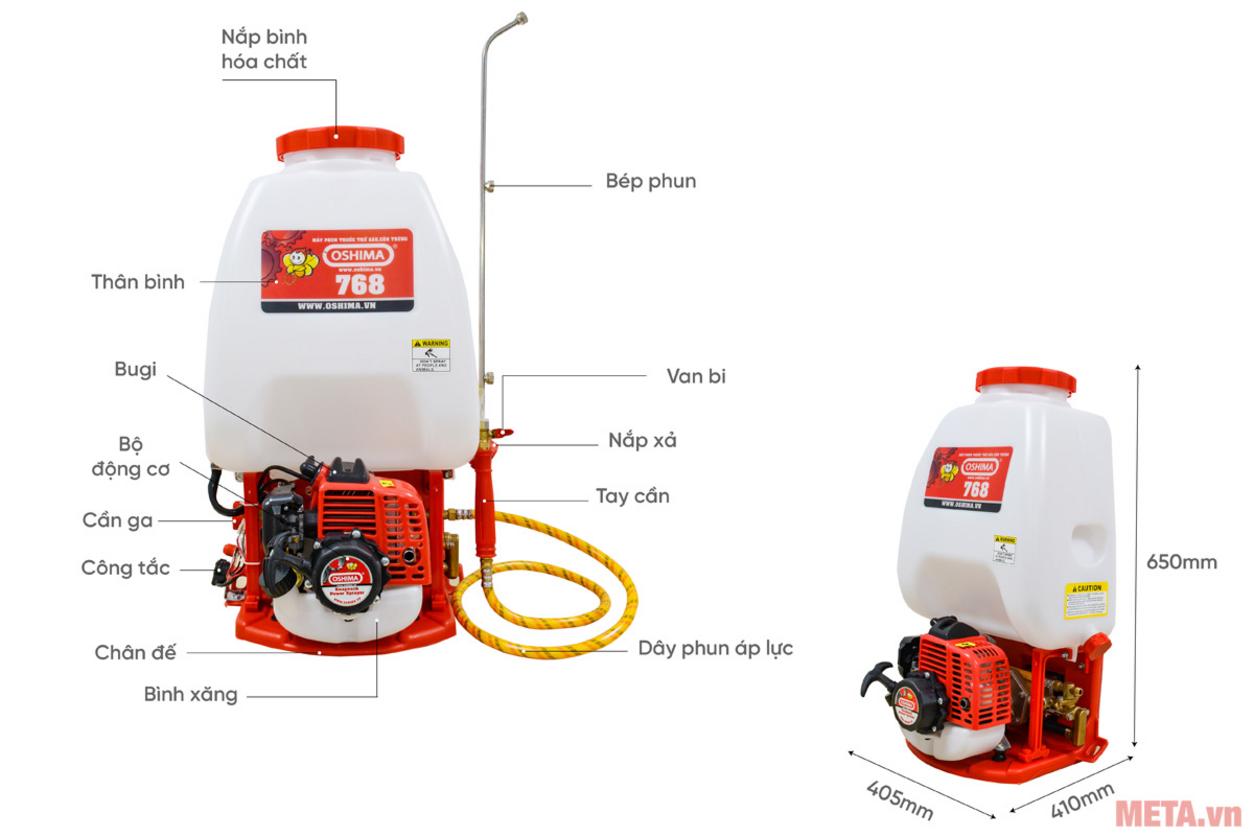 Oshima 768 tạo lực phun mạnh, ổn định cho diện tích rộng.