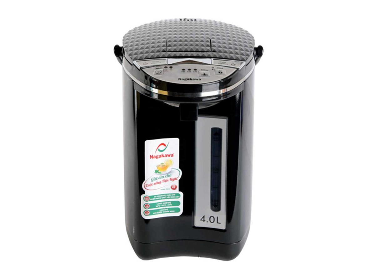 Bình thủy điện Nagakawa NAG0404 (4 lít) với thiết kế đen sang trọng, phù hợp gia đình và văn phòng nhỏ.