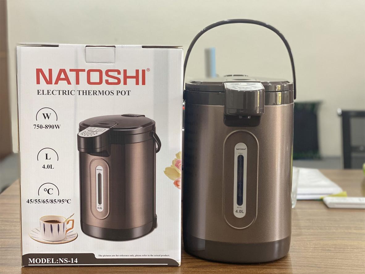 Bình thủy điện Natoshi NS-14 dung tích 4 lít, phù hợp dùng nước nóng liên tục cho gia đình và văn phòng.