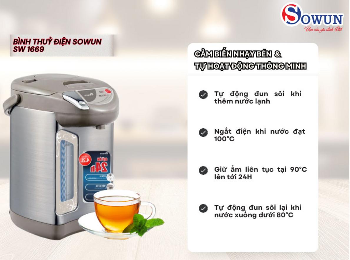 Bình thủy điện Sowun SW 1669 phù hợp cho gia đình và văn phòng nhỏ cần nước nóng sẵn.