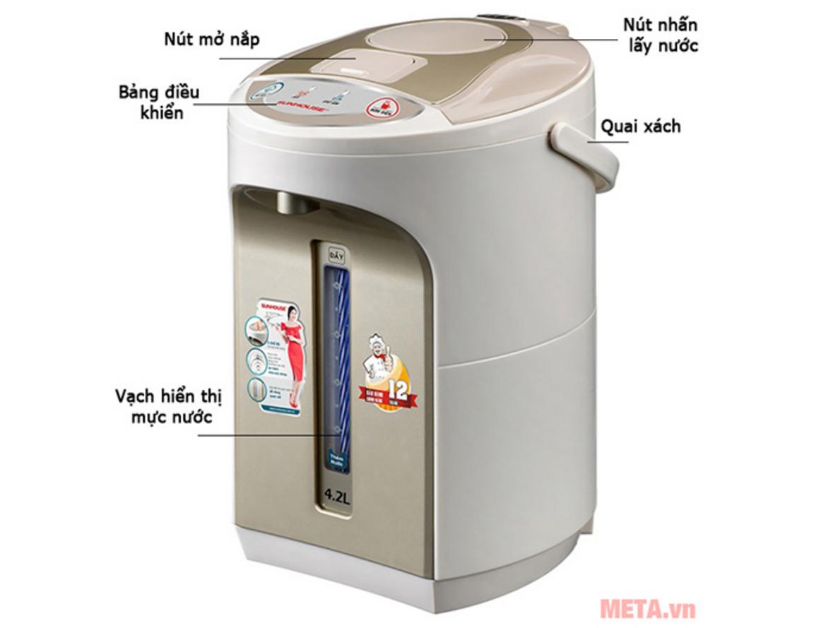 Các chi tiết chính của Sunhouse SHD1542 tập trung vào độ an toàn, tiện rót và giữ nóng ổn định.