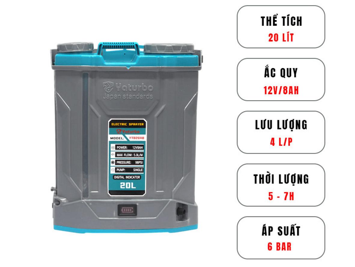 Bình xịt điện Yaturbo YTB20A8 dung tích 20 lít, thiết kế gọn và dễ thao tác.