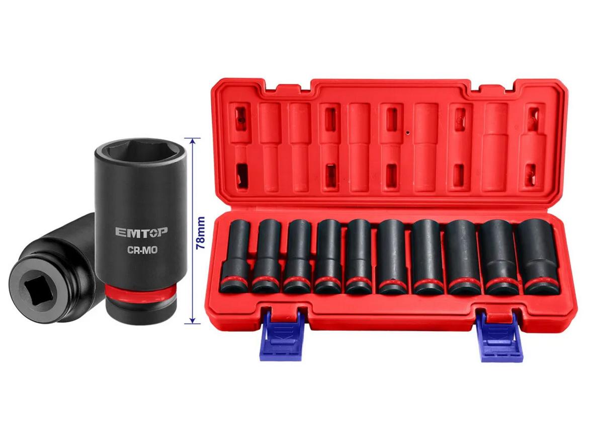 Bộ 10 đầu tuýp dài Emtop EMSS12102L gọn bộ, đủ size, dùng cho thao tác lực lớn.