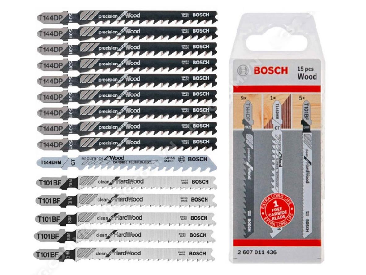 Bộ 15 lưỡi cưa lọng gỗ Bosch 2607011436 cho cắt gỗ đa dụng, bền và tương thích chuôi T.