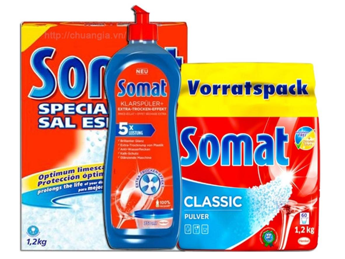 Bộ 3 món Somat gồm bột, muối và nước làm bóng chuyên dụng cho máy rửa chén bát.