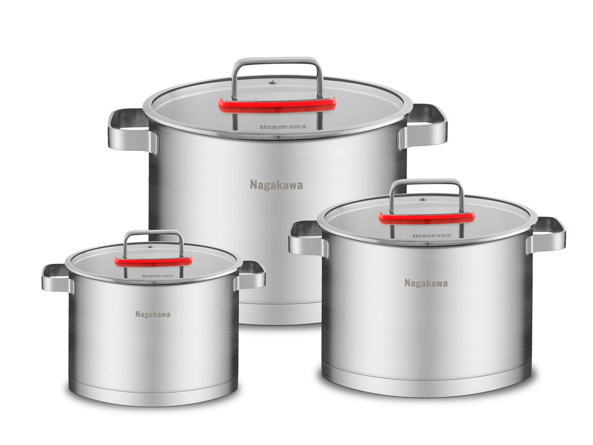 Bộ 3 nồi inox 304 Nagakawa Aki NAG1357 gồm 3 size tiện dụng cho nhiều nhu cầu nấu ăn.