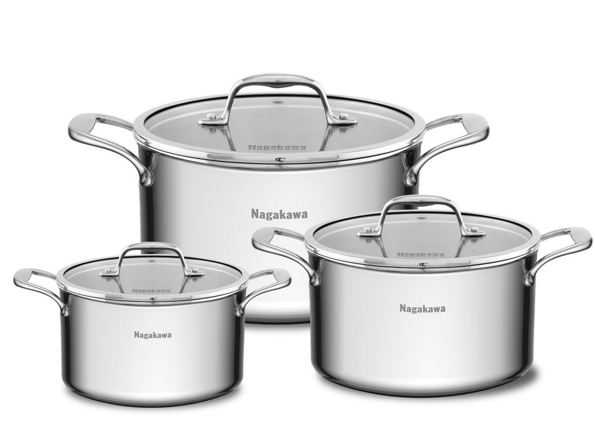 Bộ 3 nồi inox 5 lớp toàn phần Nagakawa Haru NAG1355 cho căn bếp gia đình Việt.