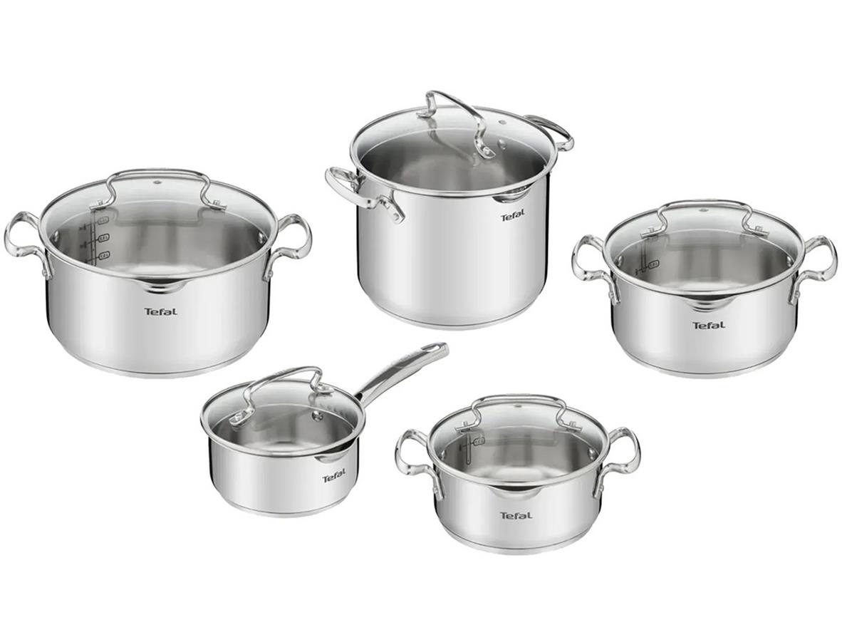 Bộ 5 nồi inox cao cấp Tefal Duetto Plus G719SA55 gồm 4 nồi và 1 quánh, dùng đa dạng cho bếp từ.