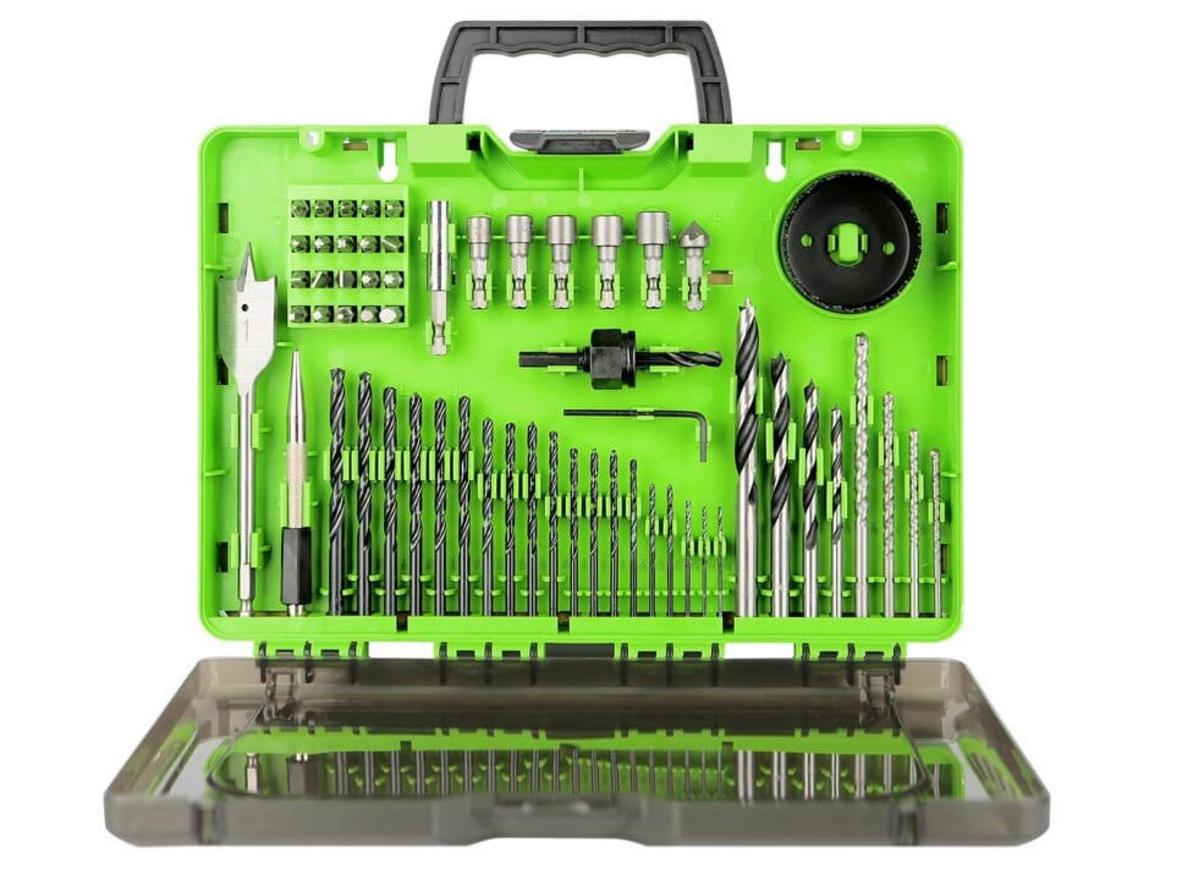 Bộ 60 mũi khoan Greenworks 3510902 gồm nhiều nhóm mũi cho khoan và vặn vít đa vật liệu.