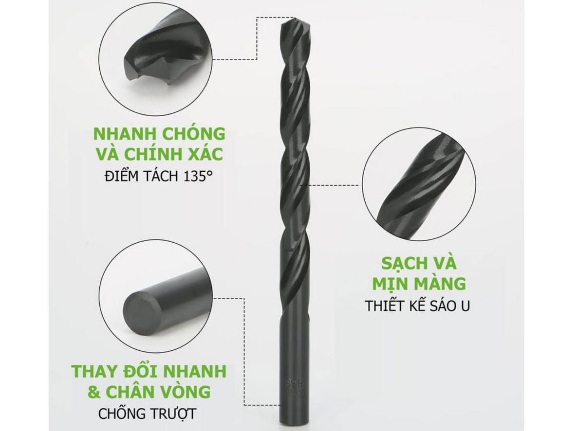 Các nhóm mũi khoan trong bộ Greenworks 3510902 được phân loại rõ theo vật liệu sử dụng.