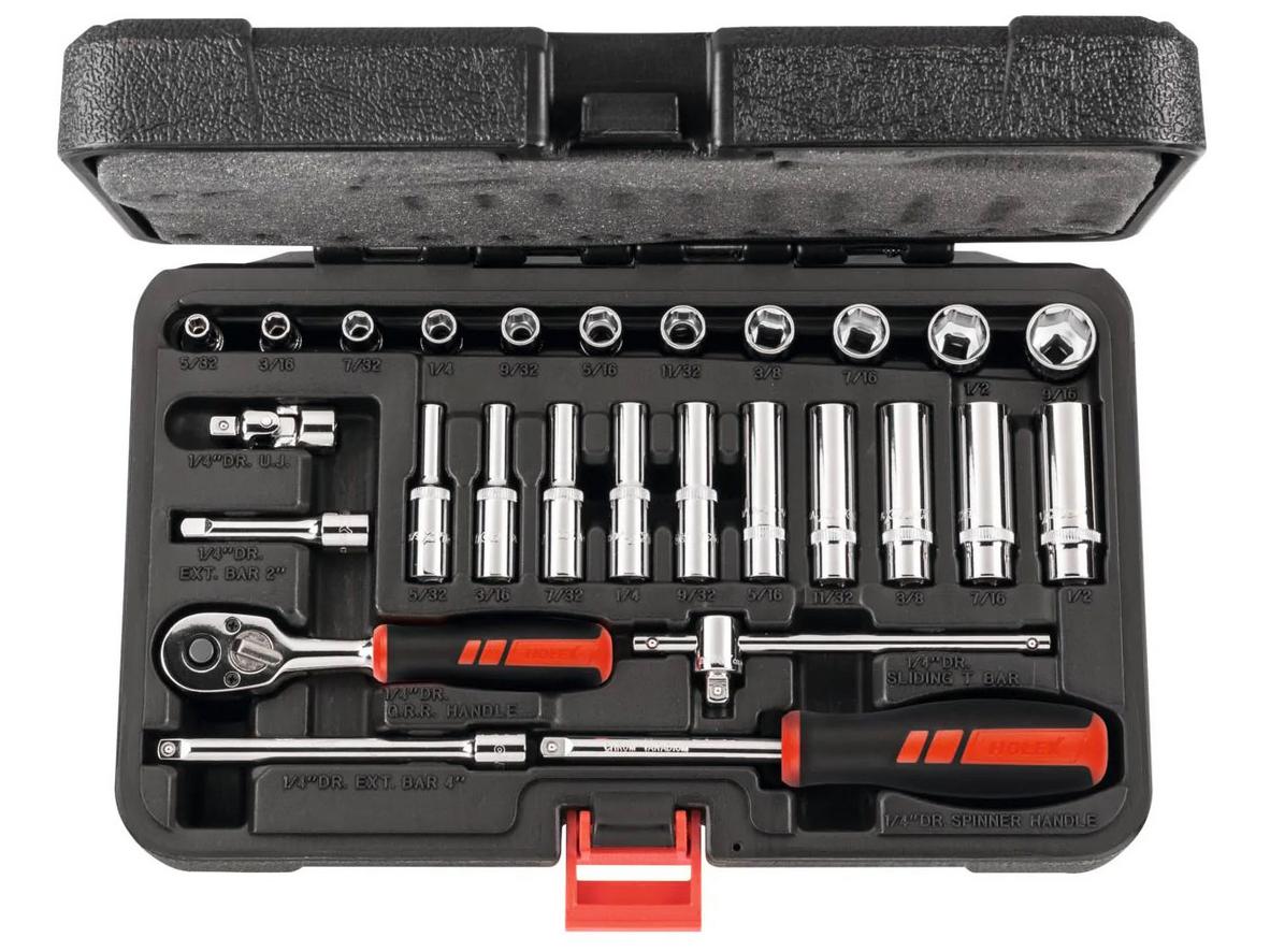 Bộ cần siết và đầu khẩu hệ inch 1/4 inch Holex 630045 gồm 27 chi tiết gọn gàng trong hộp ABS.