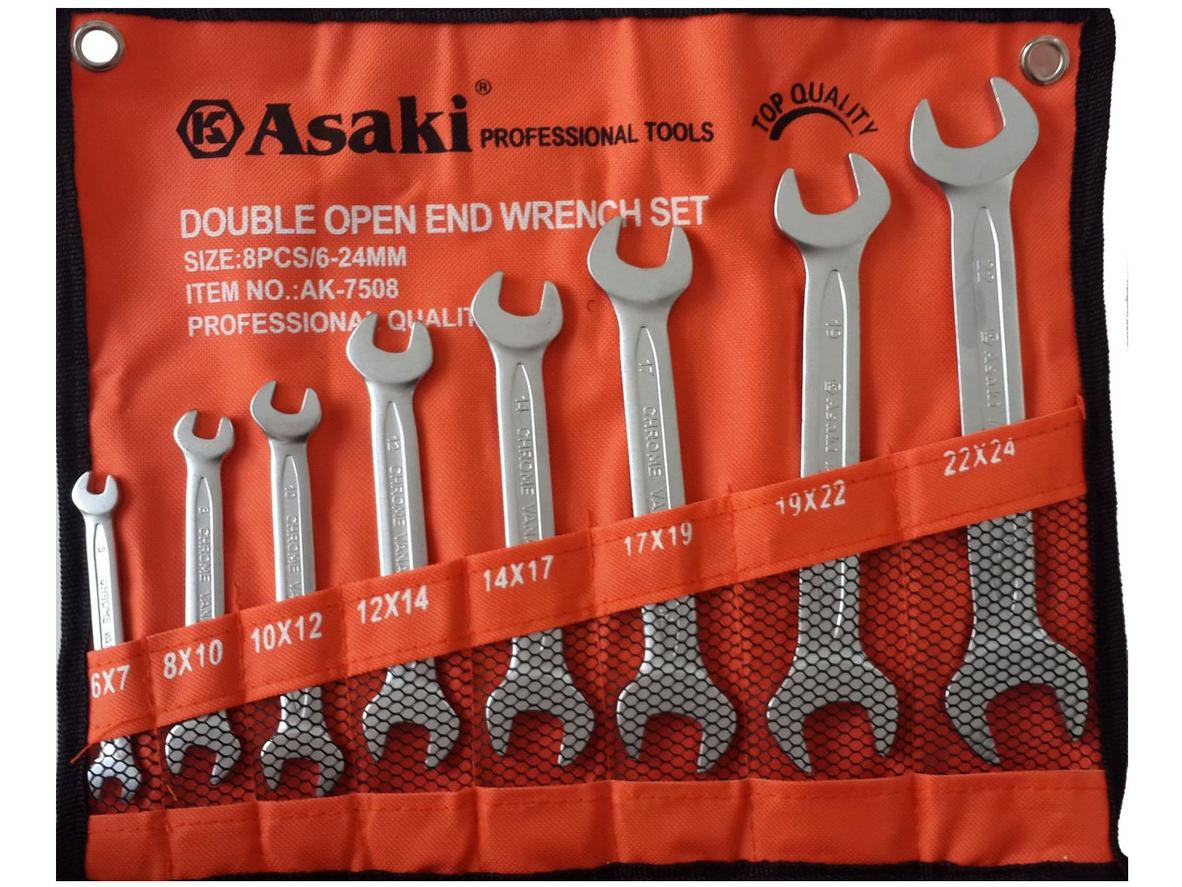 Bộ cờ lê 2 đầu miệng 8 chi tiết Asaki AK-7508 với dải size 6x7 đến 22x24 mm.