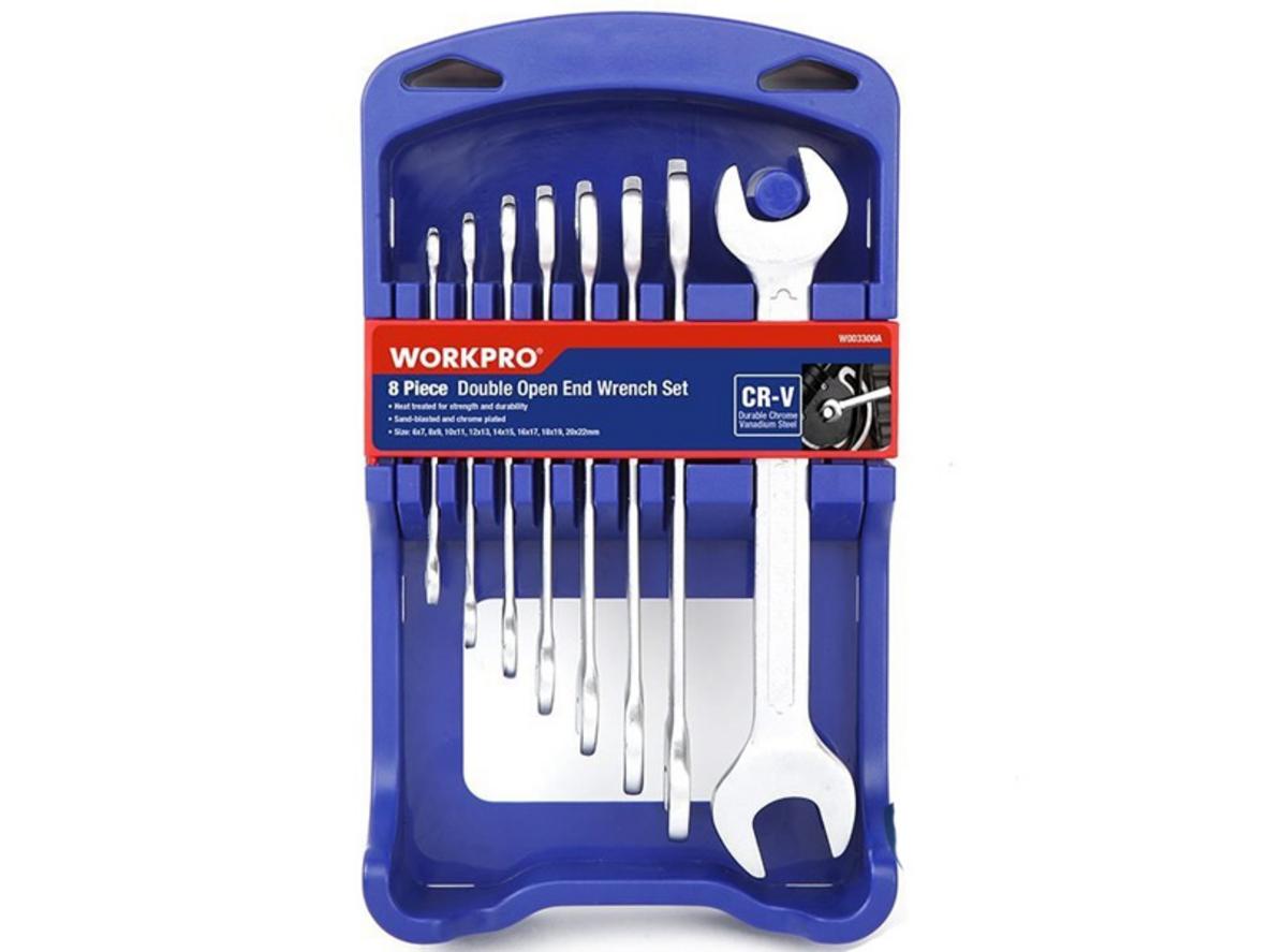 Bộ cờ lê 2 đầu mở Workpro W003300 gồm 8 chi tiết, dải size thông dụng, phù hợp nhiều nhu cầu sửa chữa.