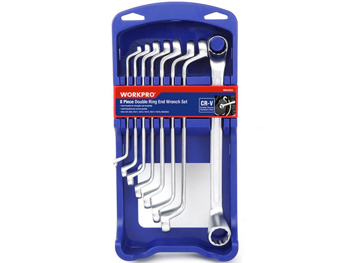 Bộ cờ lê 2 đầu tròn 8 chi tiết Workpro W003302 với túi cuộn lưu trữ gọn gàng.