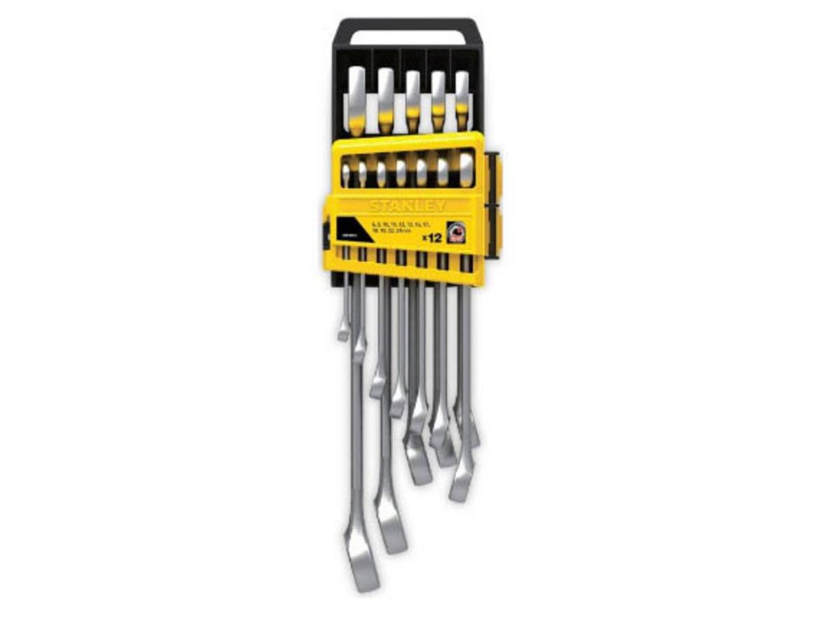 Bộ cờ lê vòng miệng 12 chi tiết Stanley STMT78097-8 với dải size 6-24mm và giá treo nhựa cứng.