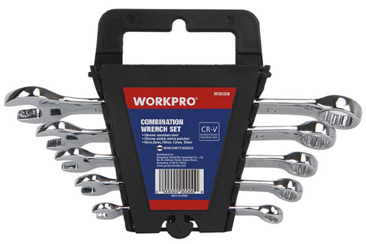 Bộ cờ lê vòng miệng Workpro W003308 gồm 5 chi tiết, gọn nhẹ và dễ thao tác.