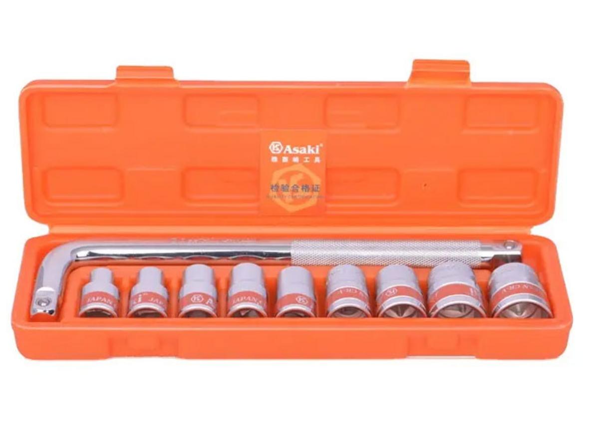 Bộ khẩu Asaki AK-9766 10 chi tiết với viền cam dễ nhận diện và bề mặt mạ crom bóng.