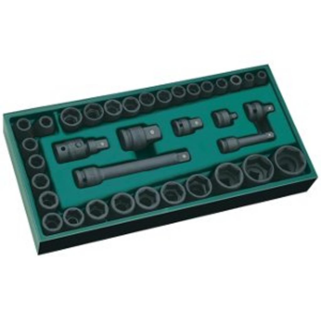 Bộ khay đầu tuýp đen 36 chi tiết Sata 09914 với khay EVA định hình, phù hợp cho garage và xưởng cơ khí.