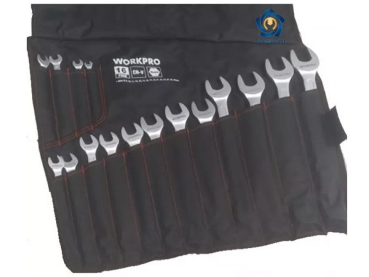 Bộ khóa vòng miệng 16 chi tiết Workpro W003315 với dải size 6-32mm và túi treo chuyên dụng.
