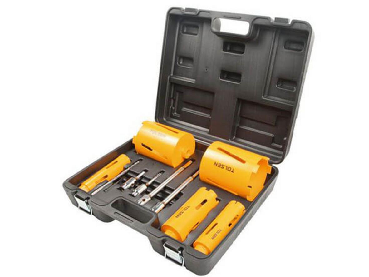 Bộ khoét lõi kim cương 11 chiếc Tolsen 75881 gồm đầy đủ mũi khoan lõi và phụ kiện chuyển đổi.