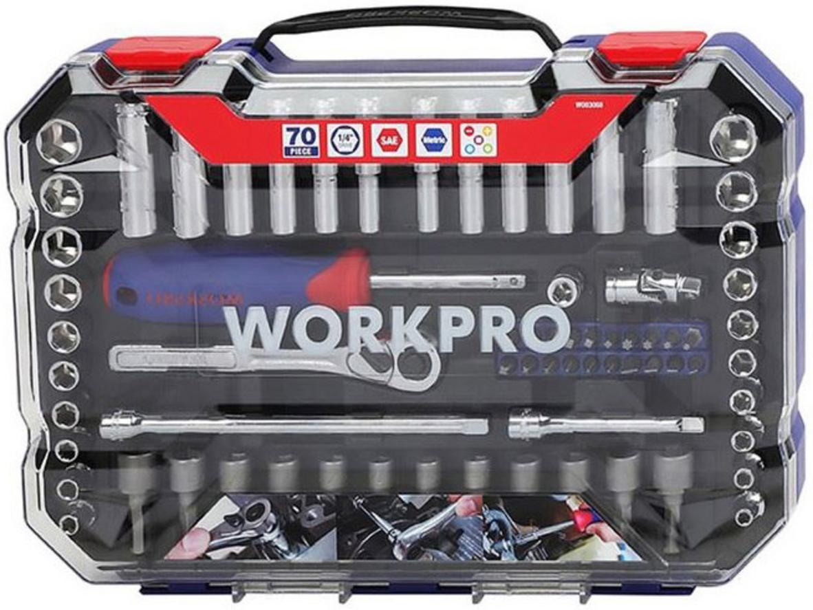 Workpro WP202522 gồm 70 chi tiết, gọn nhưng đủ dùng cho nhiều nhu cầu sửa chữa.