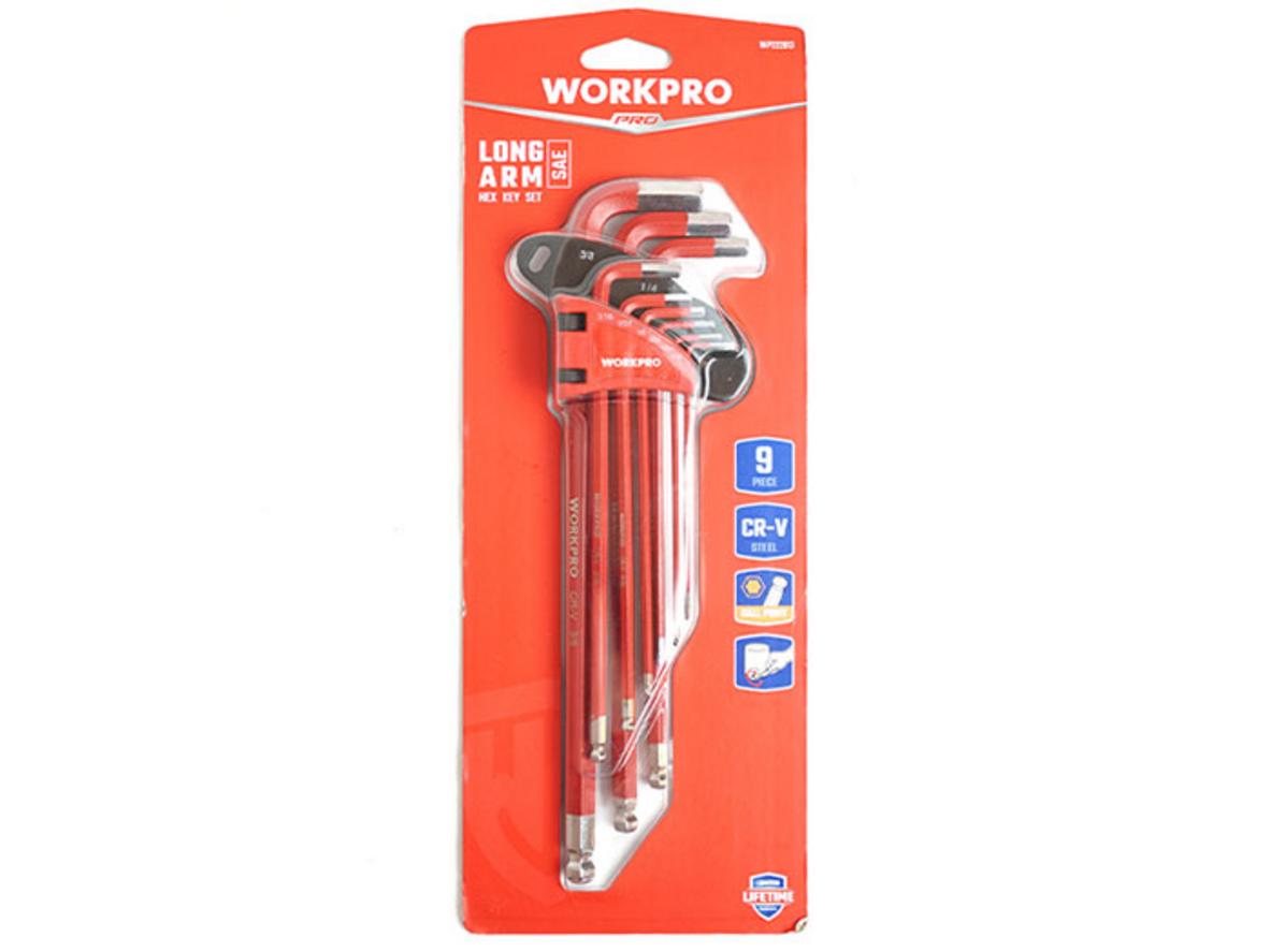 Bộ lục giác đầu bi kiểu chữ L hệ inch Workpro WP222013 với 9 chi tiết, vỉ nhựa màu đỏ tiện cất giữ.
