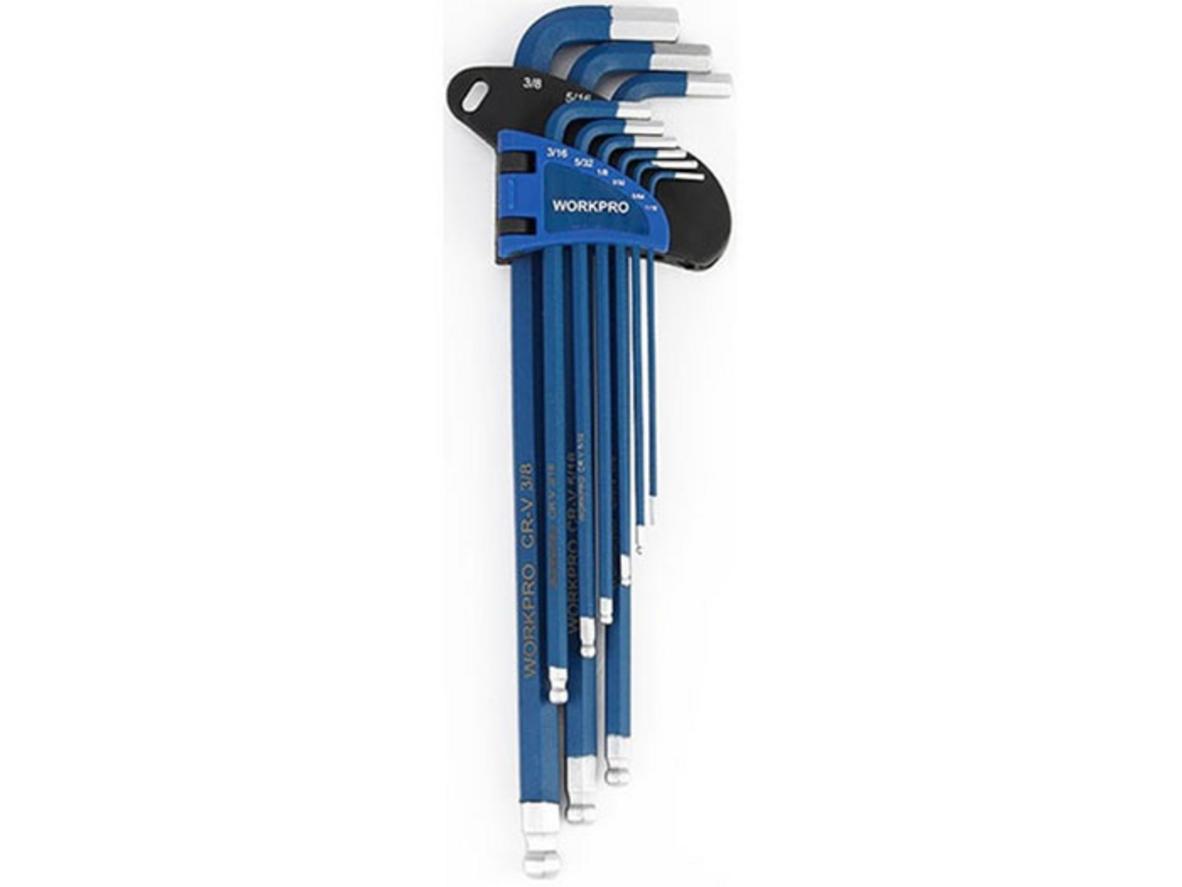 Bộ lục giác đầu bi kiểu L hệ mét Workpro WP222011 gồm 9 chi tiết, tiện thao tác ở góc nghiêng.