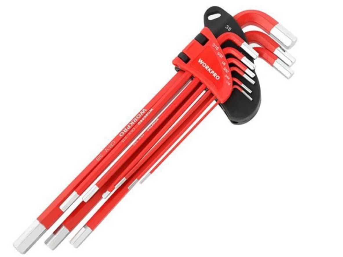 Bộ lục giác đầu bi kiểu chữ L loại dài hệ inch Workpro WP222017 (9 cái) cho thao tác góc hẹp và ốc sâu.
