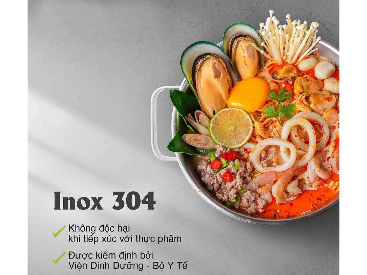 Cấu tạo inox 304 và đáy 3 lớp giúp nồi bắt nhiệt nhanh, tỏa nhiệt đều.