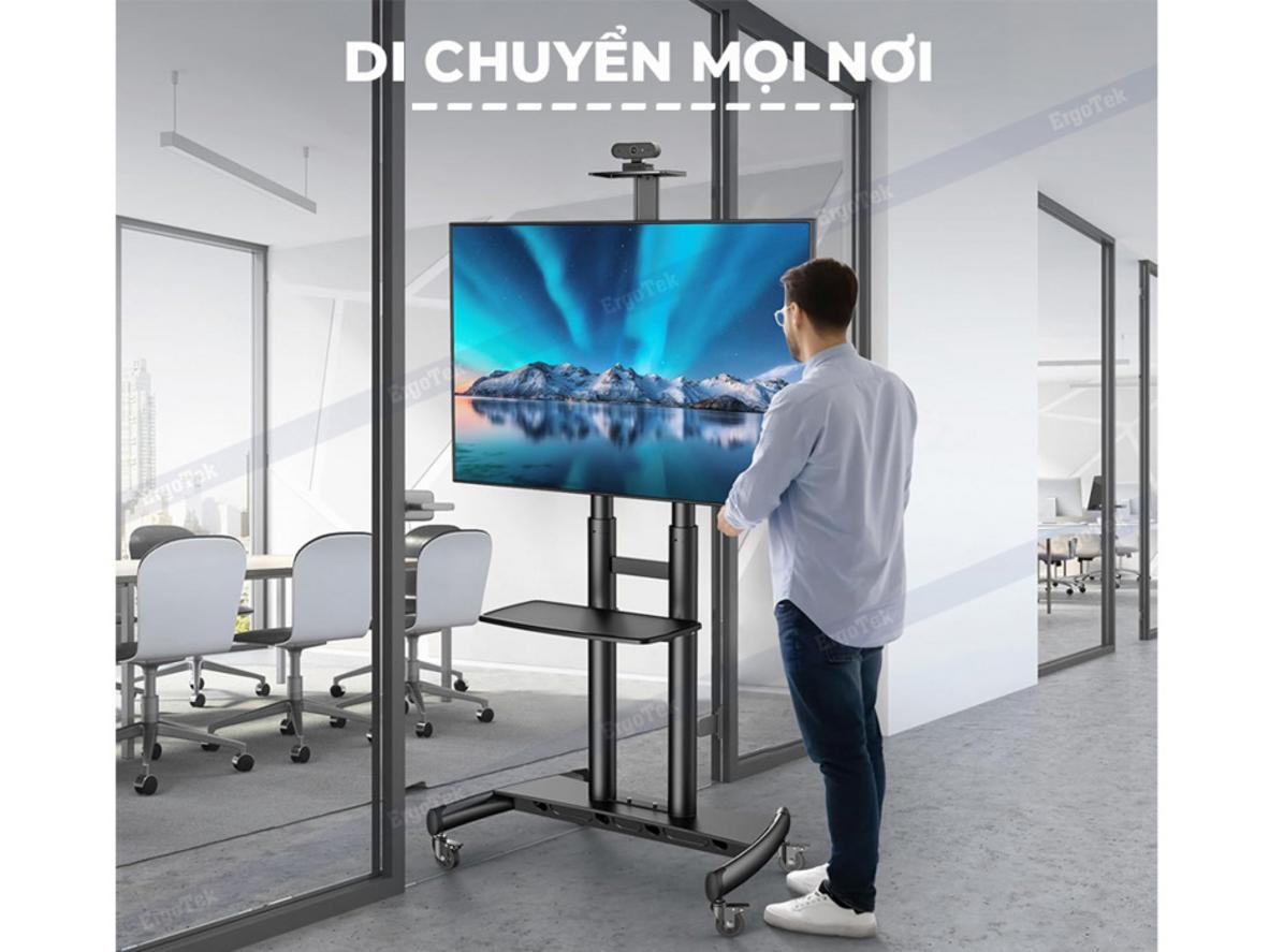 4 bánh xe giúp giá treo tivi di động Ergotek E2600 di chuyển linh hoạt giữa các phòng.
