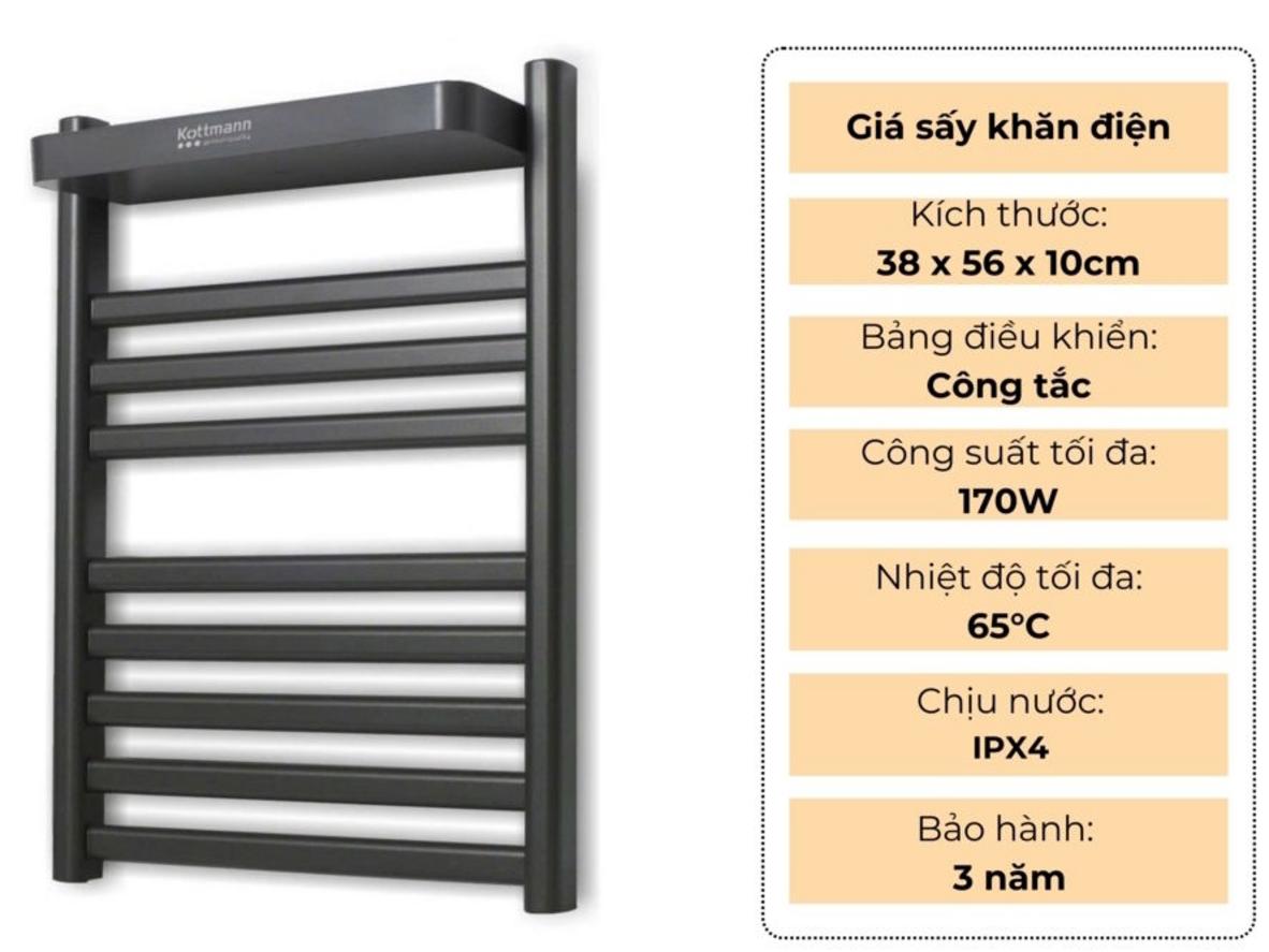 Kottmann K4 170W, nhiệt sấy khoảng 65°C, thiết kế gọn cho phòng tắm gia đình.