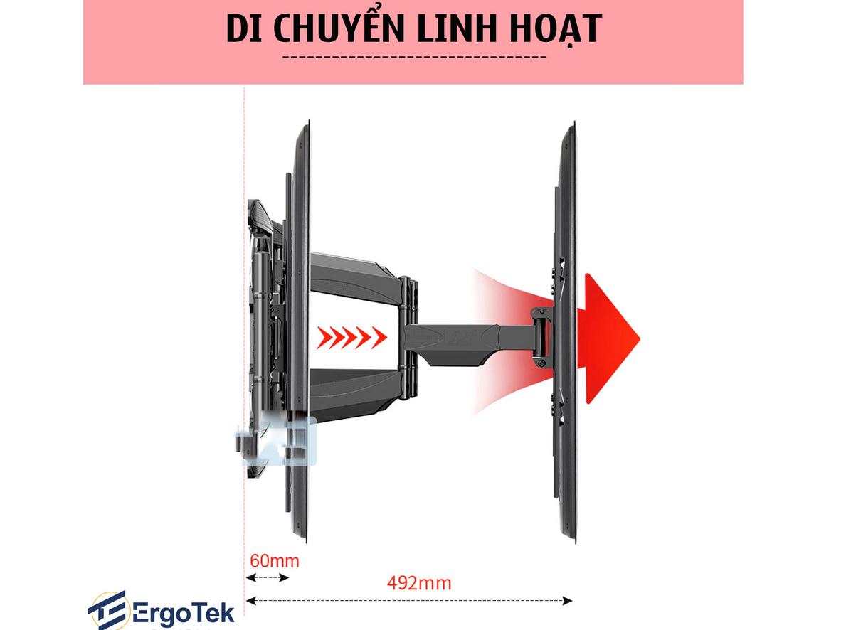Giá treo tivi đa năng ErgoTek E66 cho TV 32–80 inch, xoay linh hoạt và gọn không gian.