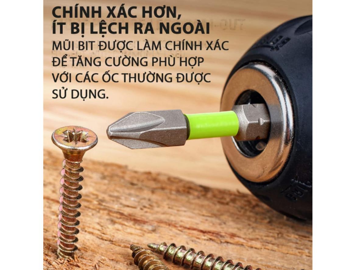 Thiết kế impact rated giúp mũi chịu lực xoắn cao và bám vít chắc hơn.