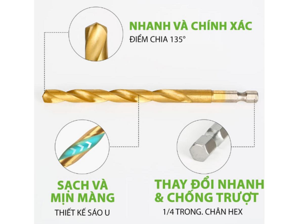 Bộ mũi khoan phù hợp cho gỗ, nhựa và kim loại mỏng.