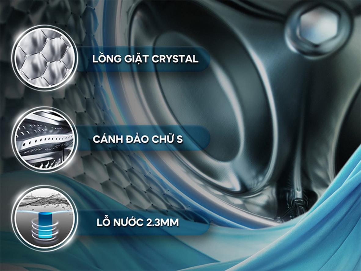 Lồng giặt Crystal hỗ trợ giặt sạch sâu và bảo vệ sợi vải.