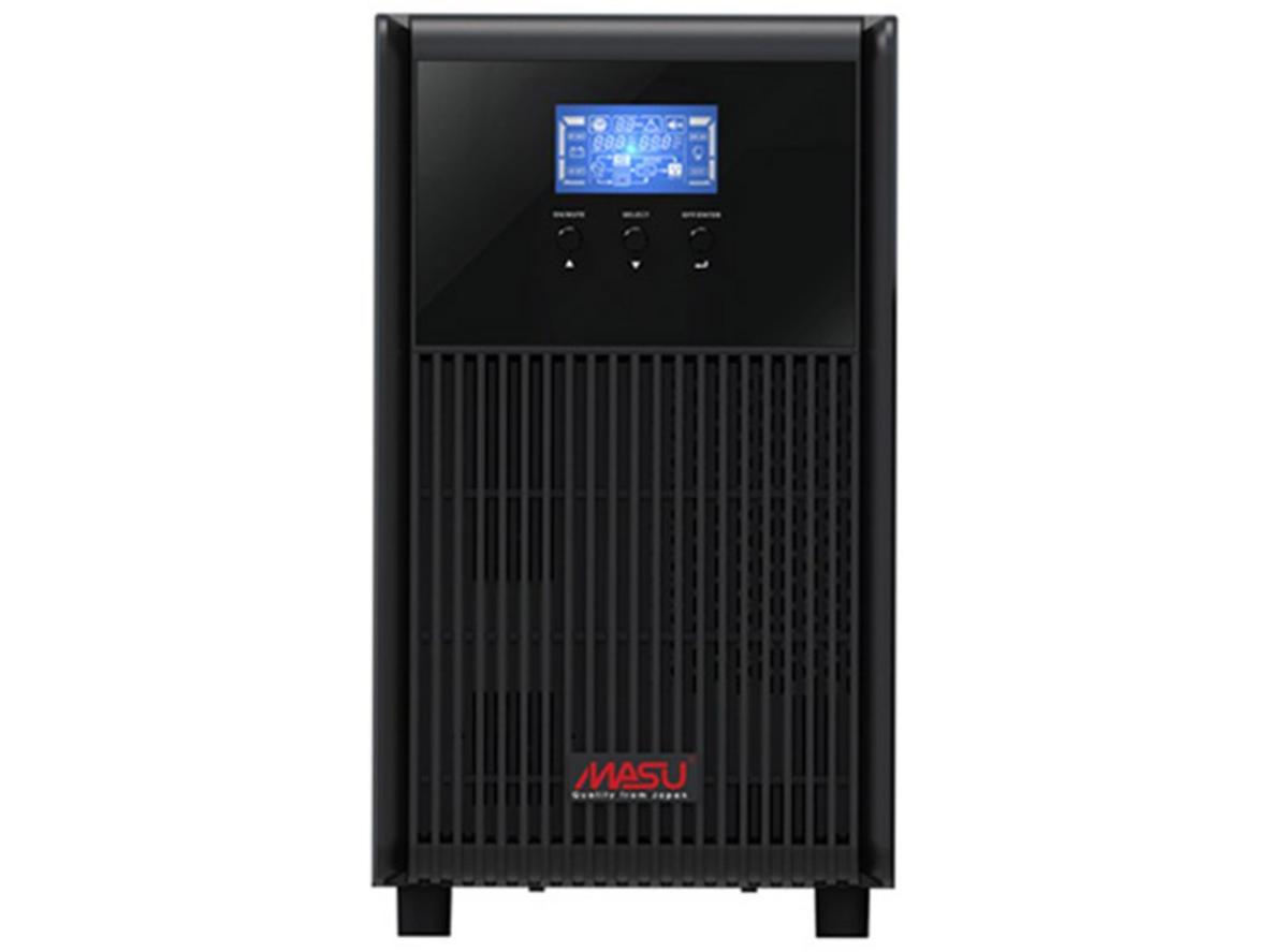 Infographic Masu MS 3K LCD: công nghệ online chuyển đổi kép, sóng sin chuẩn và đầu vào 110-300 VAC.