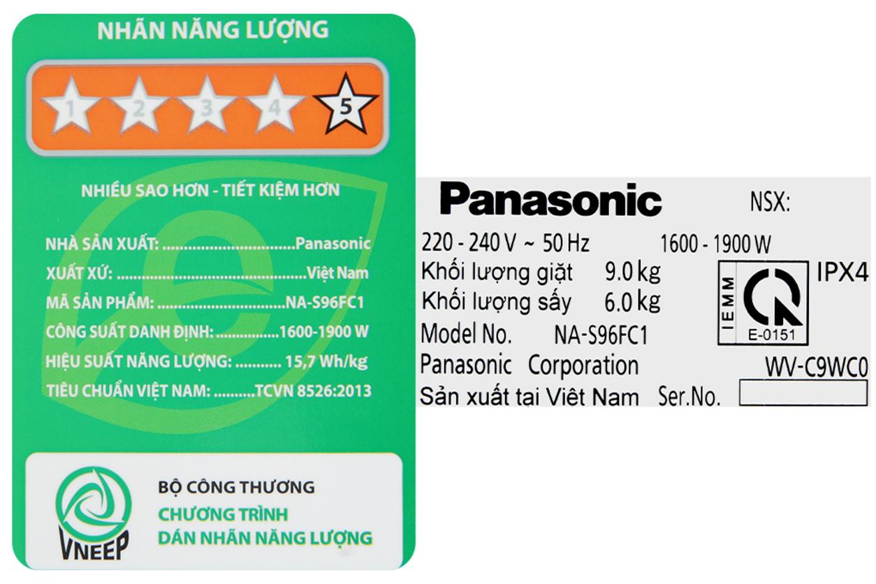 Máy giặt sấy Panasonic NA-S96FC1LVT giặt 9kg, sấy 6kg cho gia đình 3–5 người.