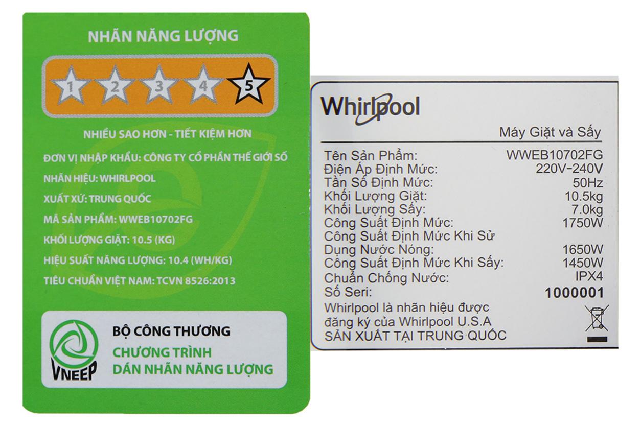 Whirlpool WWEB10702FG phù hợp cho gia đình đông người, căn hộ ít chỗ phơi và nhu cầu giặt sấy thường xuyên.