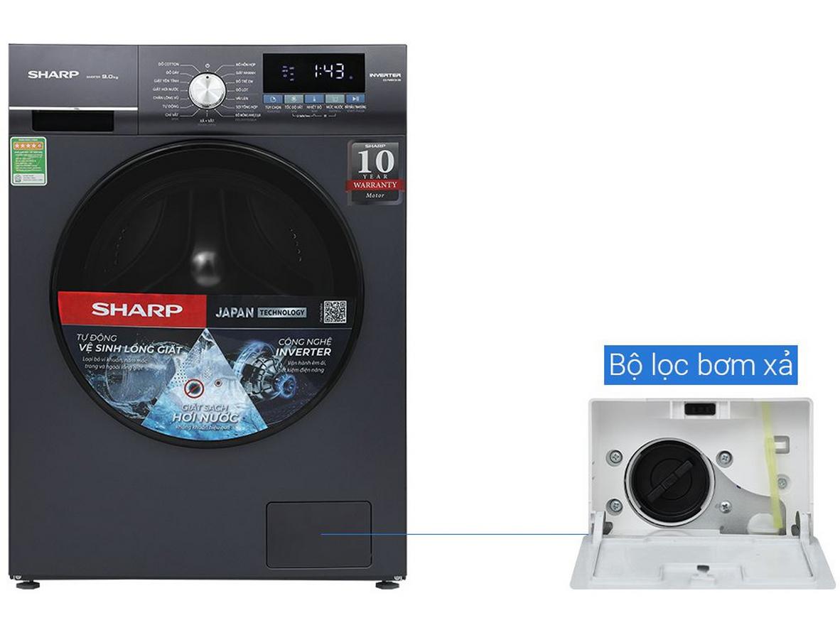 Chi tiết vật liệu và bảng điều khiển của Sharp ES-FM110CB-SB.