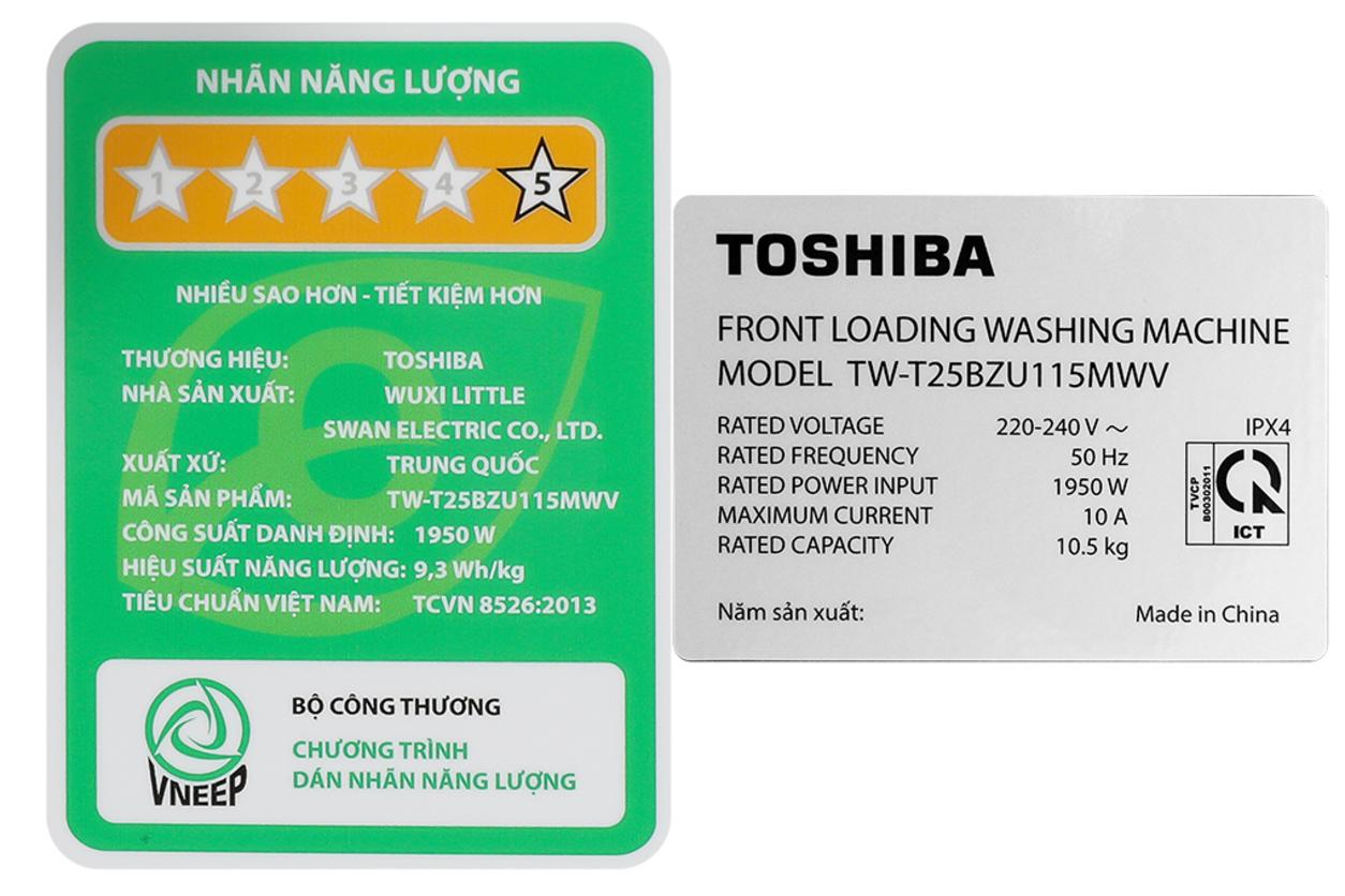Máy giặt Toshiba Inverter 10.5kg TW-T25BU115MWV(MG) nổi bật với thiết kế cửa trước và lồng giặt rộng.