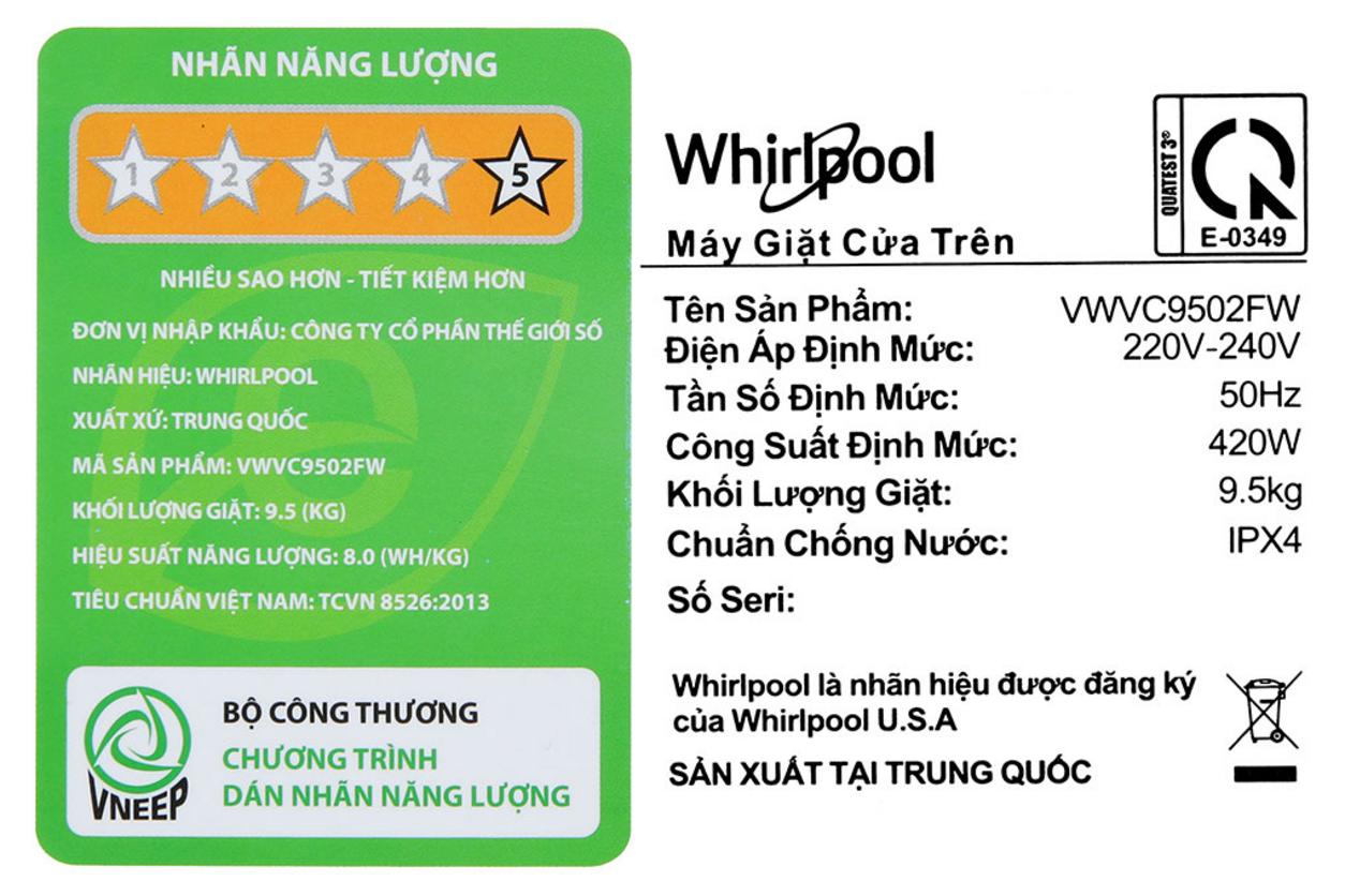 Cận cảnh bảng điều khiển, lồng giặt và nắp kính của máy giặt Whirlpool VWVC9502FW