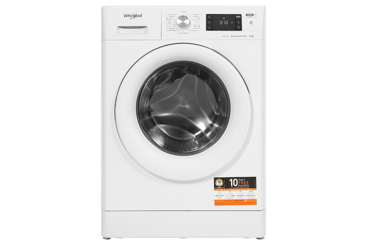 Máy giặt Whirlpool Inverter 9kg FFB9458WVEE phù hợp gia đình 3–5 người, giặt êm và vắt khô nhanh.