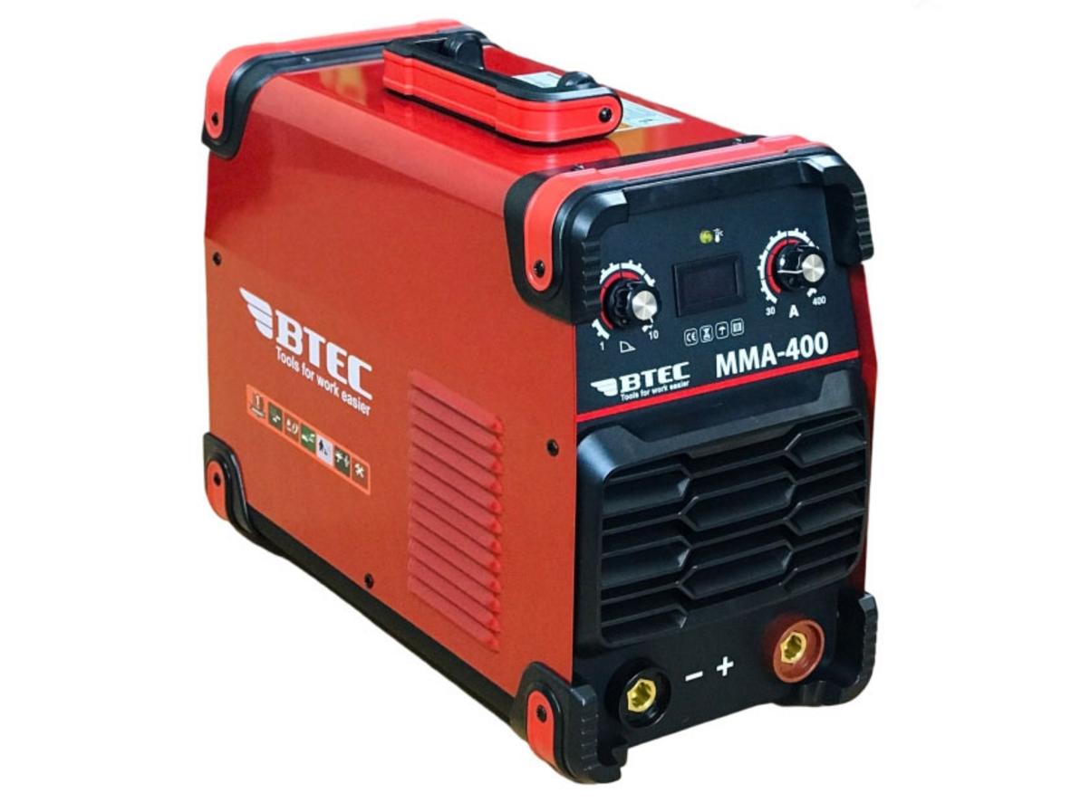 Máy hàn Inverter Btec MMA 400 với dải dòng 40A – 400A, phù hợp nhu cầu hàn tải nặng.