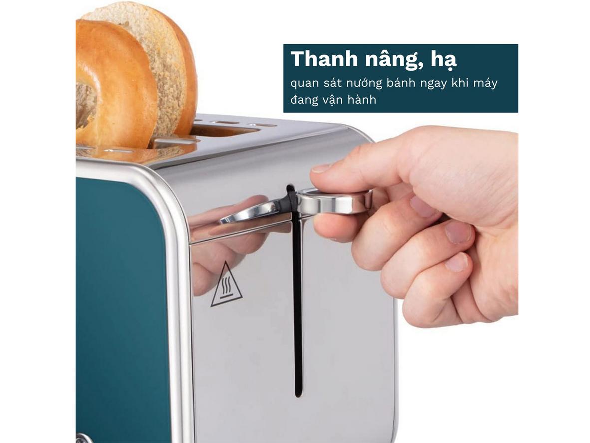 Thiết kế 2 khe và 6 mức nướng giúp máy dùng nhanh, dễ kiểm soát độ vàng.