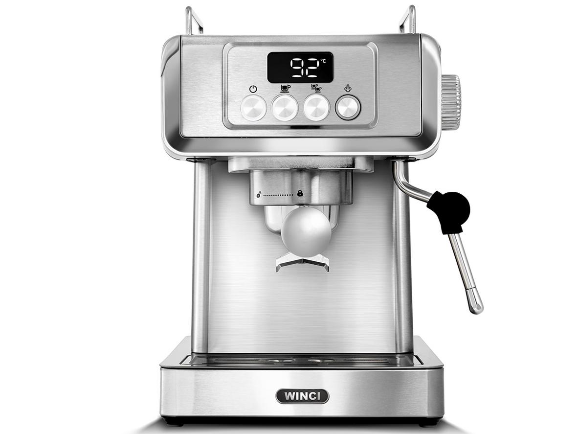 Máy pha cà phê Espresso Winci EM4214 thiết kế inox sang trọng, phù hợp gia đình và văn phòng nhỏ.
