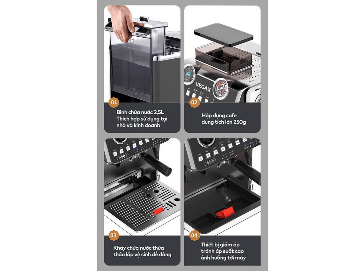 Máy pha cà phê Espresso Winci Vega-X thiết kế bán tự động, phù hợp pha cà phê tại nhà và văn phòng nhỏ.
