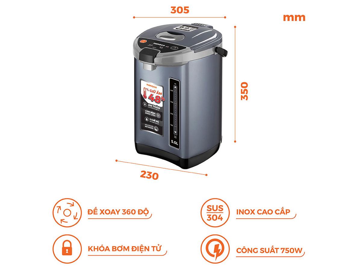 Lòng bình inox 304 hỗ trợ an toàn và bền bỉ hơn.