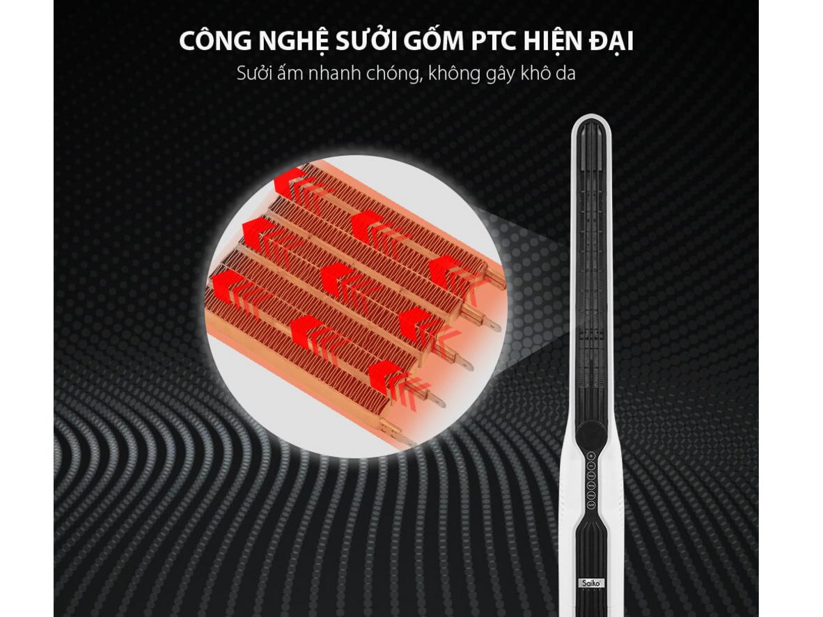 PTC ceramic giúp quạt sưởi làm ấm nhanh và ổn định hơn trong không gian nhỏ đến vừa.